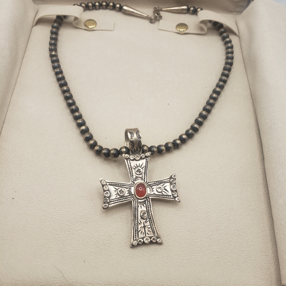 LARGE Navajo Stamped  Coral Handmade Sterling Silver Cross Pendant W/ Necklace